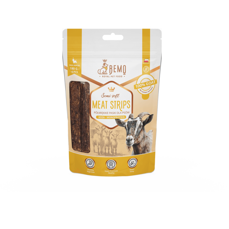 Meat Strips Goat - hipoalergiczne, półmiękkie przysmaki dla psów z kozą Meat Strips Goat - hipoalergiczne, półmiękkie przysmaki dla psów z kozą