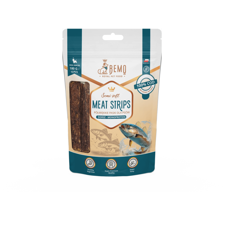Meat Strips Cod - hipoalergiczne, półmiękkie przysmaki dla psów z dorszem Meat Strips Cod - hipoalergiczne, półmiękkie przysmaki dla psów z dorszem